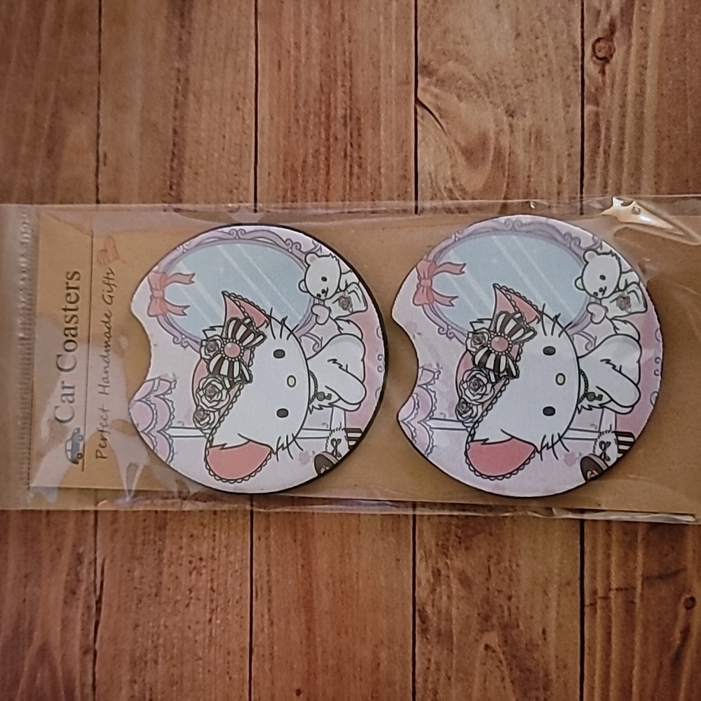Kitty Cat Handmade Reuseable Neoprene Set of 2 Cup Holder Car Coasters